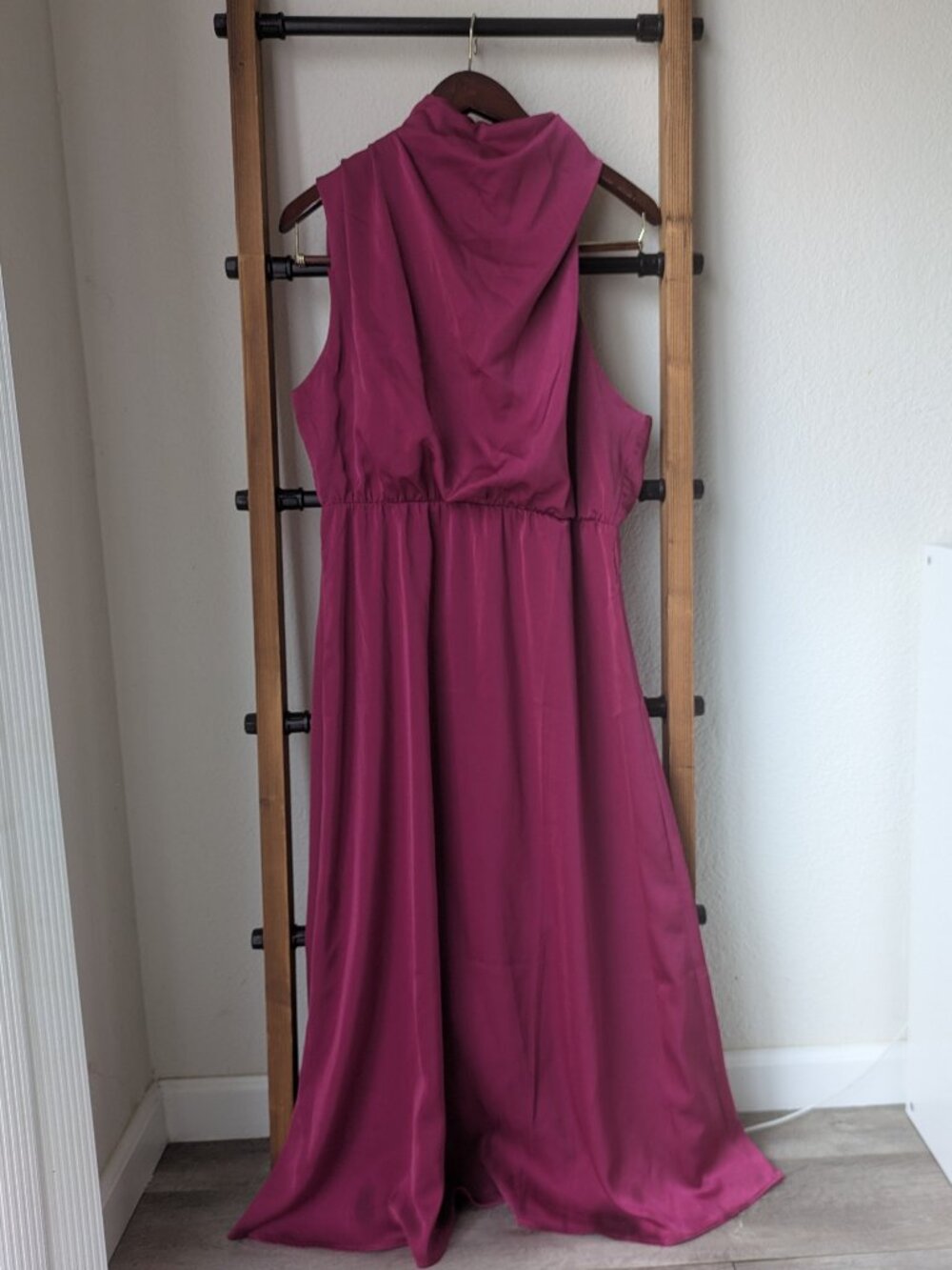Fuchsia Asymmetrical Satin Midi Dress - Estimated Size L
